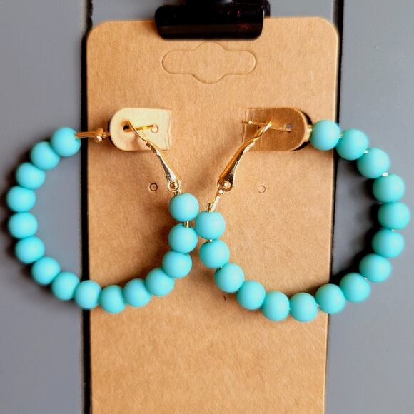 Turquoise Beaded Hoop Earrings Gold Tone Latch Back 1.5" NWT Boho Statement - Picture 1 of 7